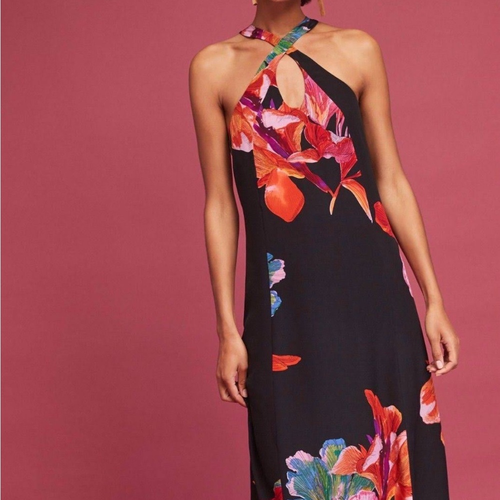 | Anthropologie Maeve | Cayman Silk Maxi Dress Black Multi Floral. Size XS.